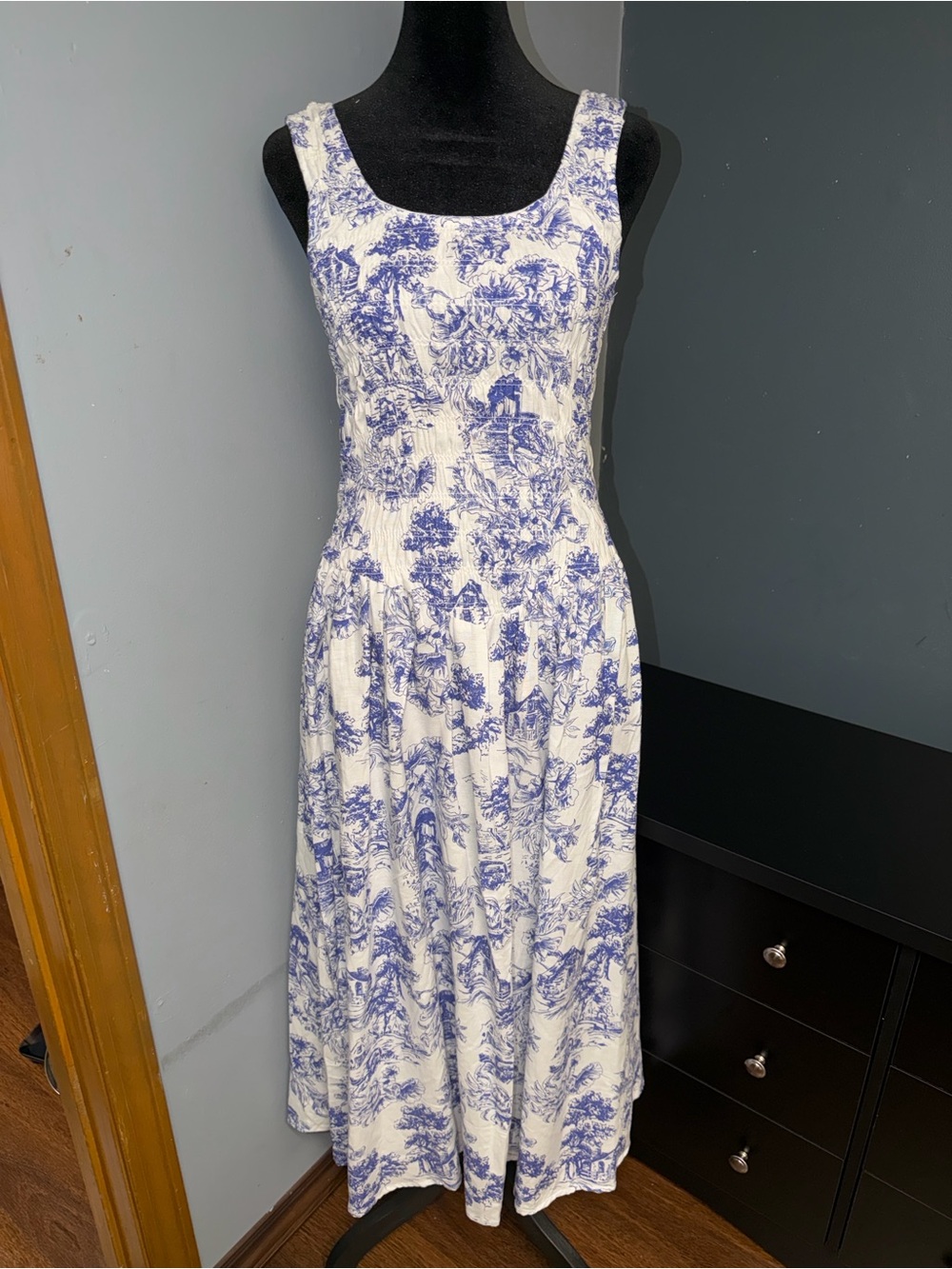 Anthropologie Meadow Rhodes White and Blue Toile Maxi Dress